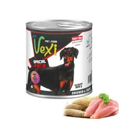 کنسرو پته ای سگ وکسی vexi طعم گوشت مرغ و سیرابی 800 گرمی